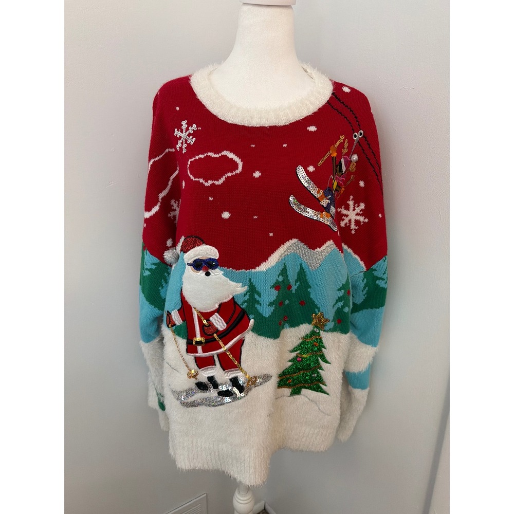 Blizzard Bay Christmas Sweater Mens 3X Red Skiing Santa Reindeer Sequin Holiday